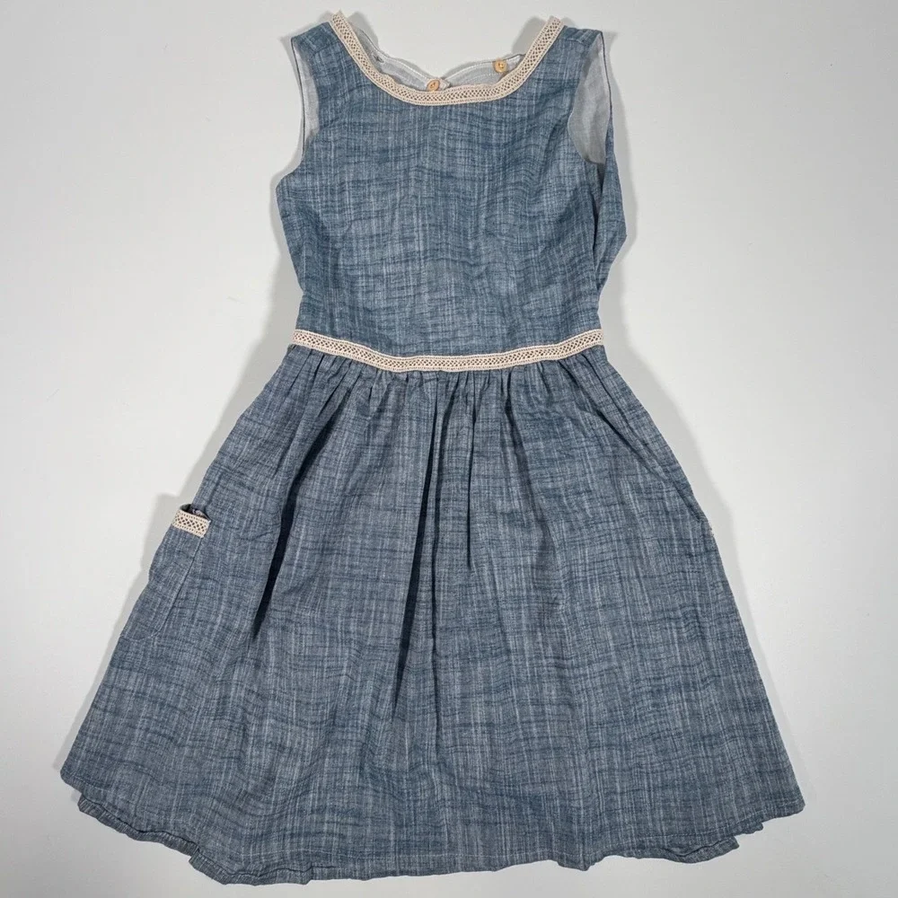 Vignette Nina Blue Cotton Chambray Lace Trim Dress Kids Boho Cottagecore Size 6